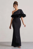 Valor Black Asymmetric Maxi Dress With Feather Trim