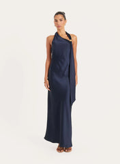 Navy Satin Halterneck Maxi Dress