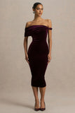 Billie Burgundy Velvet Bardot Neck Midi Dress With Twist Sleeve