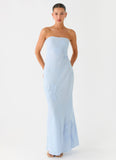 Sassafras Beaded Flower Strapless Maxi Dress Blue