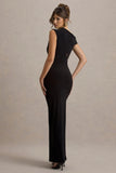 Emily Black Asymmetric Split Maxi Dress With Mesh Detailing
