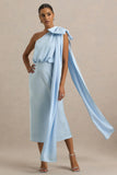 Celestia Powder Blue Satin Asymmetric Neck Midi Dress With Cape Detail