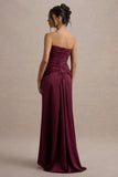 Desirie Plum Satin Sweetheart Gathered Maxi Dress