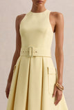 Magnora Lemon Crew Neck Belted Midi Dress