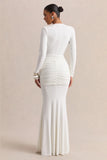 Palerma White Draped Cowl Neck Maxi Dress With Gathered Detailing