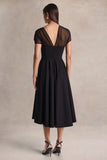 Rosette Black Asymmetric Neck Midi Dress