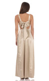 Satin V Neck Fit and Flare Maxi Dress in Gold