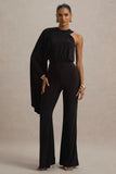 Asra Black High Neck Flared Leg Jumpsuit With Cape Sleeve