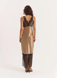 Khaki Satin Lace Trim Maxi Dress