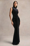 Idalina Black Velvet High Neck Maxi Dress With Gathered Detailing