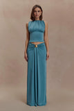 Erina Slinky Ruched Maxi Skirt With Hardware Teal