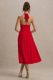 Auburn Red Halter Skater Midi Dress