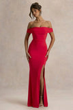 Law of Attraction Red Bardot Draped Split Maxi Dress