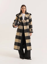 Black Beige Check Longline Belted Trench Coat
