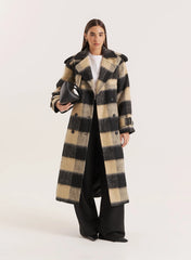 Black Beige Check Longline Belted Trench Coat