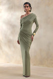 Rosirene Olive Asymmetric Neck Maxi Dress With Draped Detailing
