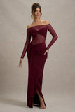 Cover Star Burgundy Mesh Bardot Long Sleeve Draped Maxi Dress
