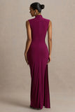 Solene Burgundy High Neck Maxi Dress With Wrap And Drape Detail