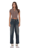 Ribbed Short Sleeve Button Top in Taupe