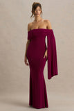 Saffina Burgundy Bardot Neck Maxi Dress With Sash Detail