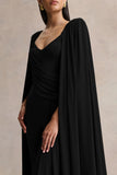 Labina Black Plunge Neck Jumpsuit With Cape Sleeves
