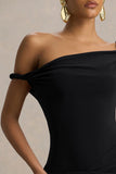 Tulisa Black Asymmetric Neck Maxi Dress With Twist Sleeves And Ruched Detailing