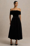 Ablaze Black Velvet Bardot Neck Midi Dress