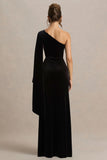 Camilla Black Velvet Asymmetric Neck Maxi Dress With Ruched Detailing
