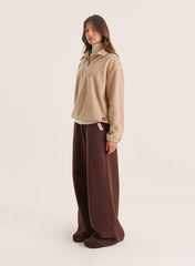 Beige Fleece Toggle Hem Collared Zip Sweatshirt