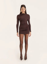 Chocolate Long Sleeved Drape Wrap Mini Dress
