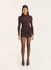 Chocolate Long Sleeved Drape Wrap Mini Dress