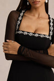 Emmey Black Crepe And Mesh Square Neck Mini Dress