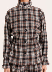 Brown Check Funnel Neck Cinched Waist Jacket