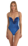 V Neck Velvet Bodysuit in Blue