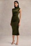 Novine Olive Velvet High Neck Midi Dress