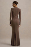 Reid Brown Long Sleeve Gathered Maxi Dress