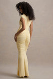 Lorenza Pale Lemon High Neck Ruched Maxi Dress With Draped Skirt