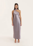 Silver Satin One Shoulder Scarf Neck Maxi Dress