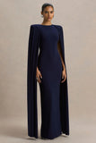 Mimi Navy High Neck Maxi Dress With Cape Sleeve Detail