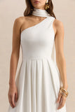 Odette White Asymmetric Neck Midi Dress With Scarf