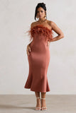 One And Only Rust Satin Feather Trim Bandeau Midi Dress