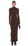 Ribbed Knit Mock Neck Maxi Dress in Brown