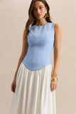 Iliana Powder Blue And White Crew Neck Maxi Dress With Drop Waist And Pleated Skirt