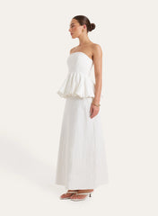 White Puff Ball Peplum Waist Maxi Dress