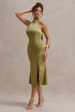 Violette Olive Satin High Neck Split Midi Dress