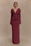 Hayden Long Sleeve Plunge Maxi Dress Wine