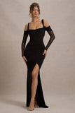 Milana Black Square Neck Draped Wrap Maxi Dress With Long Sleeves