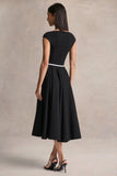Nataline Black Round Neck Midi Dress With White Belt Detail