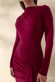 Karessa Berry High Neck Maxi Dress With Gathered Detailing And Front High Split