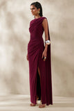Palomara Burgundy Round Neck Maxi Dress With Sash And Front High Split